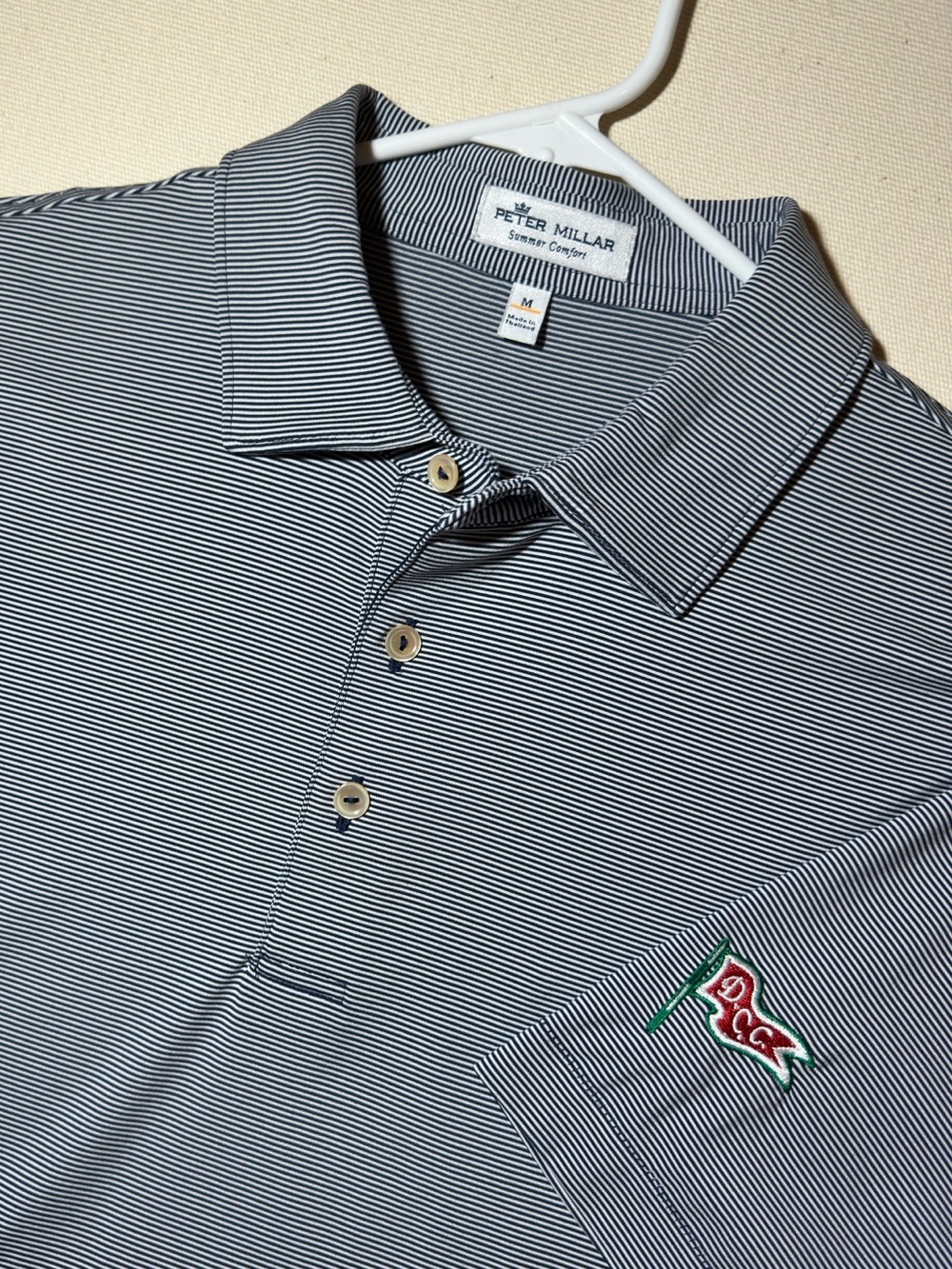 Peter Millar Summer Comfort Navy & White Striped Golf Polo x Dallas Country Club